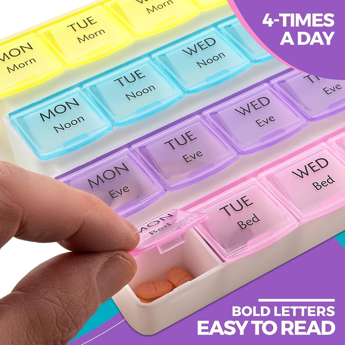 MAPPERZ 28 Days Medicine Organizer Box, Per Day 3 Time Reminder with 1 Time Backup Tablets Box Easy to Use Food Grade BPA Free, Travel and Home 28 Grid Pill Planner Box (Pack of 1)