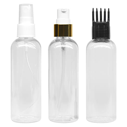 MAPPERZ 3 Cylindrical Shape Bottle Durable Refillable Containers With 1 Pump Bottles Dispenser, 1 Spray Atomizer And Root Comb Applicator, For Perfume, Liquids, Shampoo, Body Soap, Lotion, Cream