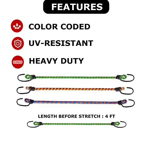 MAPPERZ Multipurpose Flexible Stretchable Elastic Bungee Rope with Metal Hooks/Cord Hanging Clothes/Tying Behind Bikes/Luggage Strap - Pack of 3,Multicolor