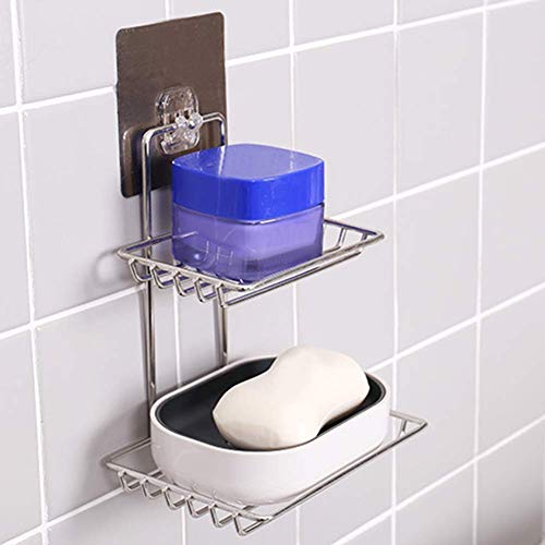MAPPERZ Stainless Steel Wall Mounted Double Layer soap Dish Holder Stainless Steel Wall Hanging Soap Storage Rack for Kitchen Bathroom-with Self Adhesive Magic Sticker(Silver)