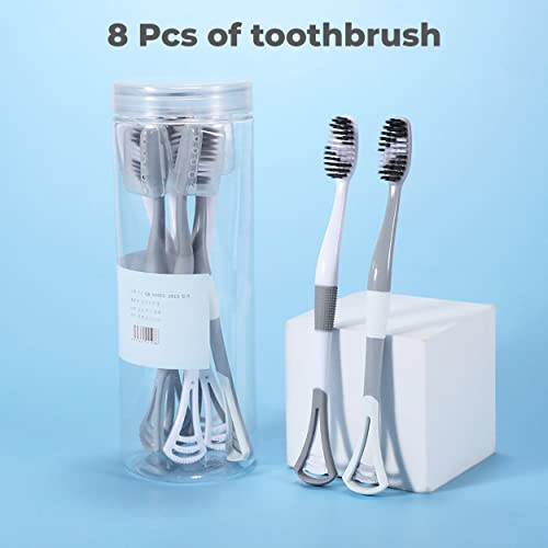 MAPPERZ 2 in 1 Soft Bristle Toothbrush and Tongue Cleaner with Storage Box for Travelling Reusable Toothbrush and Tongue Cleaner Set (8 pcs, White and Gray)