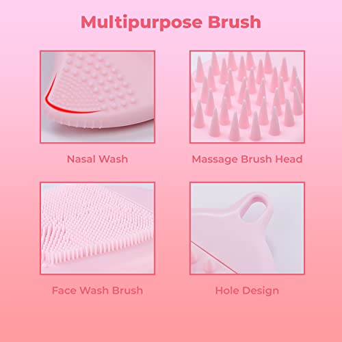 MAPPERZ 3 in 1 Silicone Soft Face Wash Scrubber Skin Exfoliator Blackhead Remover Manual Massager with Easy Hanging Hole for Dry, Oily, Sensitive Skin, Pink