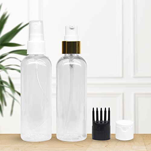 MAPPERZ 2 Cylindrical Shape Bottle Durable Refillable Containers With 1 Pump Bottles Dispenser, 1 Spray Atomizer, 1 Root Comb Applicator And Filp Top Cap, For Perfume, Liquids, Shampoo, Body Soap