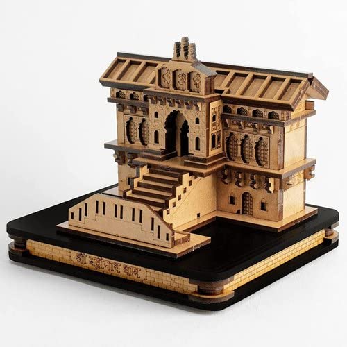 MAPPERZ MDF Pine Wood Kedarnath and Badrinath Souvenir Temple Decorative Showpiece Beautiful Work Wooden Temple (Beige, Set of 2)