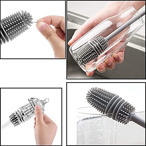 Long Bottle Cleaning Brush for Washing Water Bottle, Narrow Neck Containers, Hydro Flask, Vacuum Sports Bottle, Vase and Glassware - 33 cm, Grey