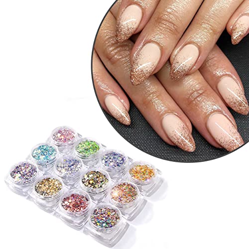 MAPPERZ 12 Jars Fine Glitter Set, 100 Fake White False Nails Artificial Fingernail Acrylic Tips, 12 Color Art and Craft Glitter, Eyeshadow Makeup Nail Art Glitter, Combo Of 12 Glitter & 100 Pc Nails