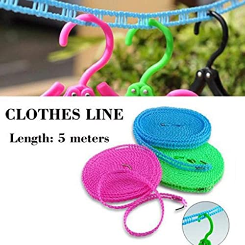 MAPPERZ Windproof Anti-Slip Clothes Washing Line Drying Nylon Rope with Hooks/Nylon Clothesline Rope - 5 Meter (Multicolor