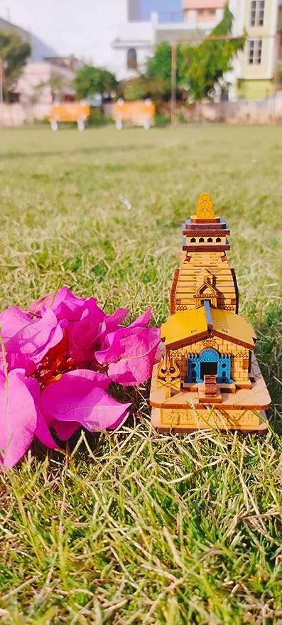 MAPPERZ Kedarnath Temple Wooden Souvenir Decorative Showpiece Car Deshboard MDF Pine Wood Kedarnath ji Hand Crafted Wooden Kedarnath Dham (Beige, Set of 1)