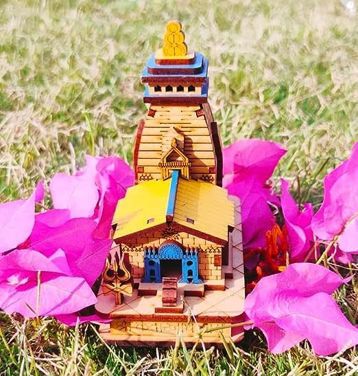 MAPPERZ Kedarnath Temple Wooden Souvenir Decorative Showpiece Car Deshboard MDF Pine Wood Kedarnath ji Hand Crafted Wooden Kedarnath Dham (Beige, Set of 1)