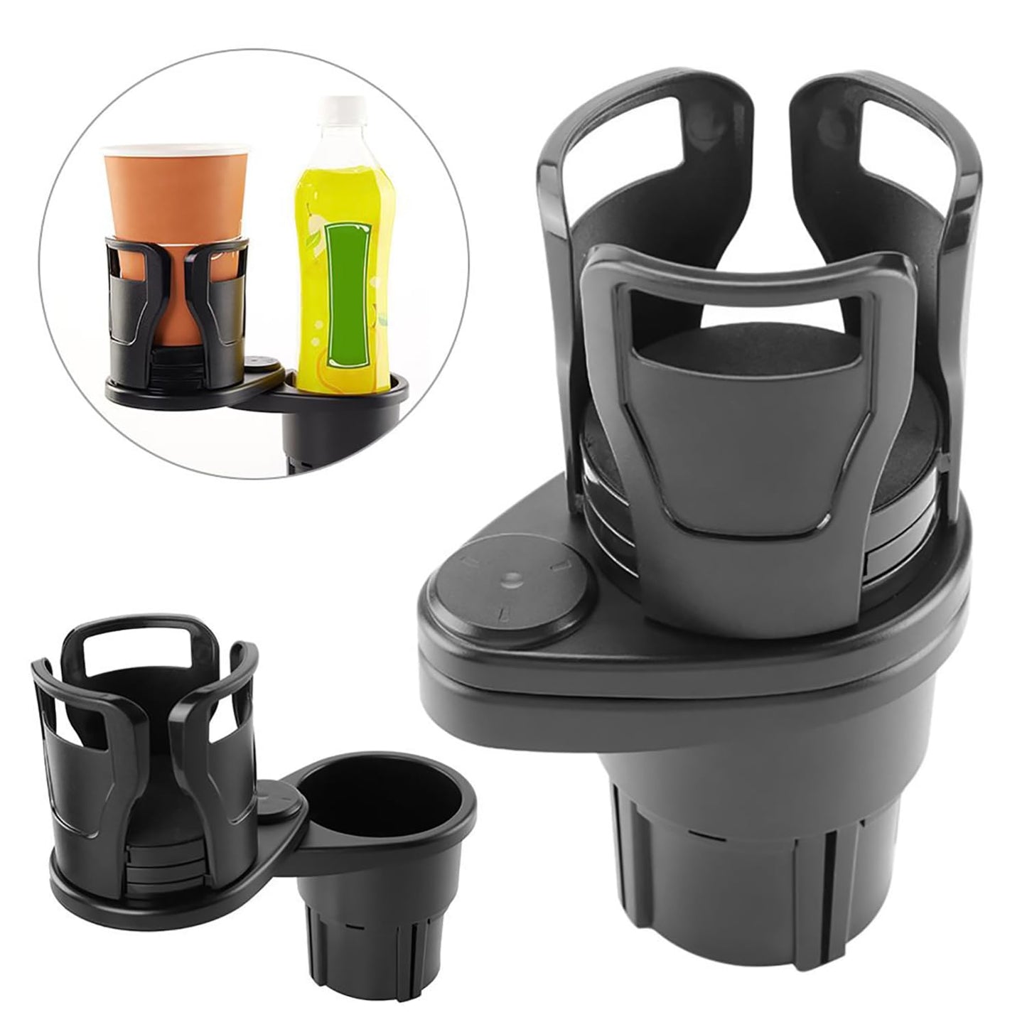 MAPPERZ 2 in 1 Multifunctional Car Cup Holder, Adjustable Expander Adapter Organizer with 360° Rotating & Locking Function for Bottles Cups Drinks Snack for Seat Automotive Auto Truck RV, Pack of 1
