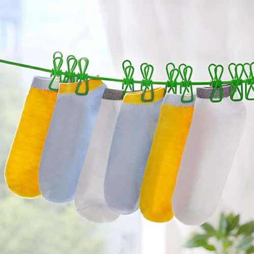 MAPPERZ Stretchable Cloth Drying Rope with 12 Clothespins, Clip and 2 Hooks, Elastic Hanging Rope, Kapde Sukhane ki Rassi Wire for Home Outdoor & Travel (Random Color) Pack of 1
