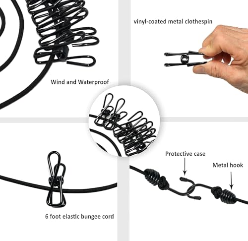 MAPPERZ Stretchable Cloth Drying Rope with 12 Clothespins, Clip and 2 Hooks, Elastic Hanging Rope, Kapde Sukhane ki Rassi Wire for Home Outdoor & Travel (Random Color) Pack of 1