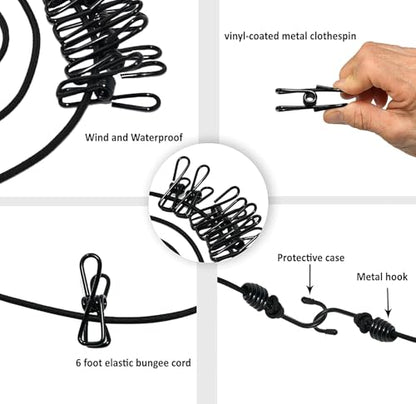 MAPPERZ Stretchable Cloth Drying Rope with 12 Clothespins, Clip and 2 Hooks, Elastic Hanging Rope, Kapde Sukhane ki Rassi Wire for Home Outdoor & Travel (Random Color) Pack of 1