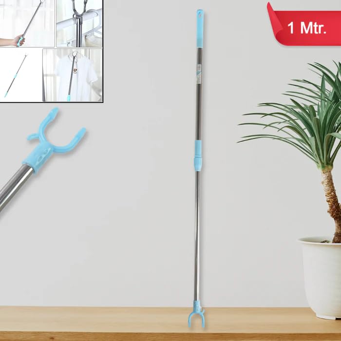 MAPPERZ Telescopic Clothes Hanging Rod, Pole Hook Hanger, Stainless Steel Stitching Clothes, 1Mtr. Extendable Pole Reach Hook Drying Hook Stick Dress Garment Rack Clothes Drying Stick (Pack of 1)