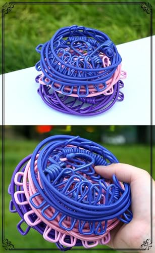 MAPPERZ Stretchable Cloth Drying Rope with 12 Clothespins, Clip and 2 Hooks, Elastic Hanging Rope, Kapde Sukhane ki Rassi Wire for Home Outdoor & Travel (Random Color) Pack of 1
