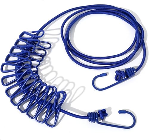 MAPPERZ Stretchable Cloth Drying Rope with 12 Clothespins, Clip and 2 Hooks, Elastic Hanging Rope, Kapde Sukhane ki Rassi Wire for Home Outdoor & Travel (Random Color) Pack of 1