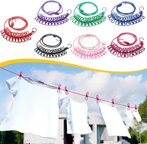 MAPPERZ Stretchable Cloth Drying Rope with 12 Clothespins, Clip and 2 Hooks, Elastic Hanging Rope, Kapde Sukhane ki Rassi Wire for Home Outdoor & Travel (Random Color) Pack of 1