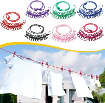 MAPPERZ Stretchable Cloth Drying Rope with 12 Clothespins, Clip and 2 Hooks, Elastic Hanging Rope, Kapde Sukhane ki Rassi Wire for Home Outdoor & Travel (Random Color) Pack of 1