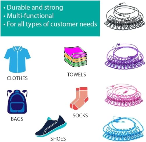 MAPPERZ Stretchable Cloth Drying Rope with 12 Clothespins, Clip and 2 Hooks, Elastic Hanging Rope, Kapde Sukhane ki Rassi Wire for Home Outdoor & Travel (Random Color) Pack of 1