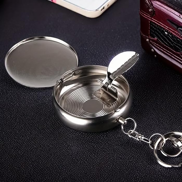 MAPPERZ Mini Ashtray with Keychain, Pocket Size Stainless Steel Portable Ashtray Key Chain with Cigarette Snuffer Vehicle Cigarette, Modern Ash Holder, Box for Outdoor Indoor Use (Pack of 1)