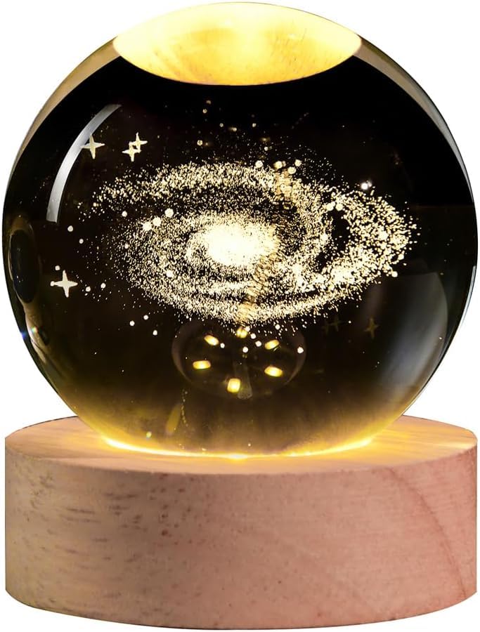 MAPPERZ Stunning 3D Crystal Ball Night Lamps with Elegant Wood Base Galaxy Unique Lighting Decor for Home, Office, or Gift, Captivating Visuals in Any Space! (Pack of 1)