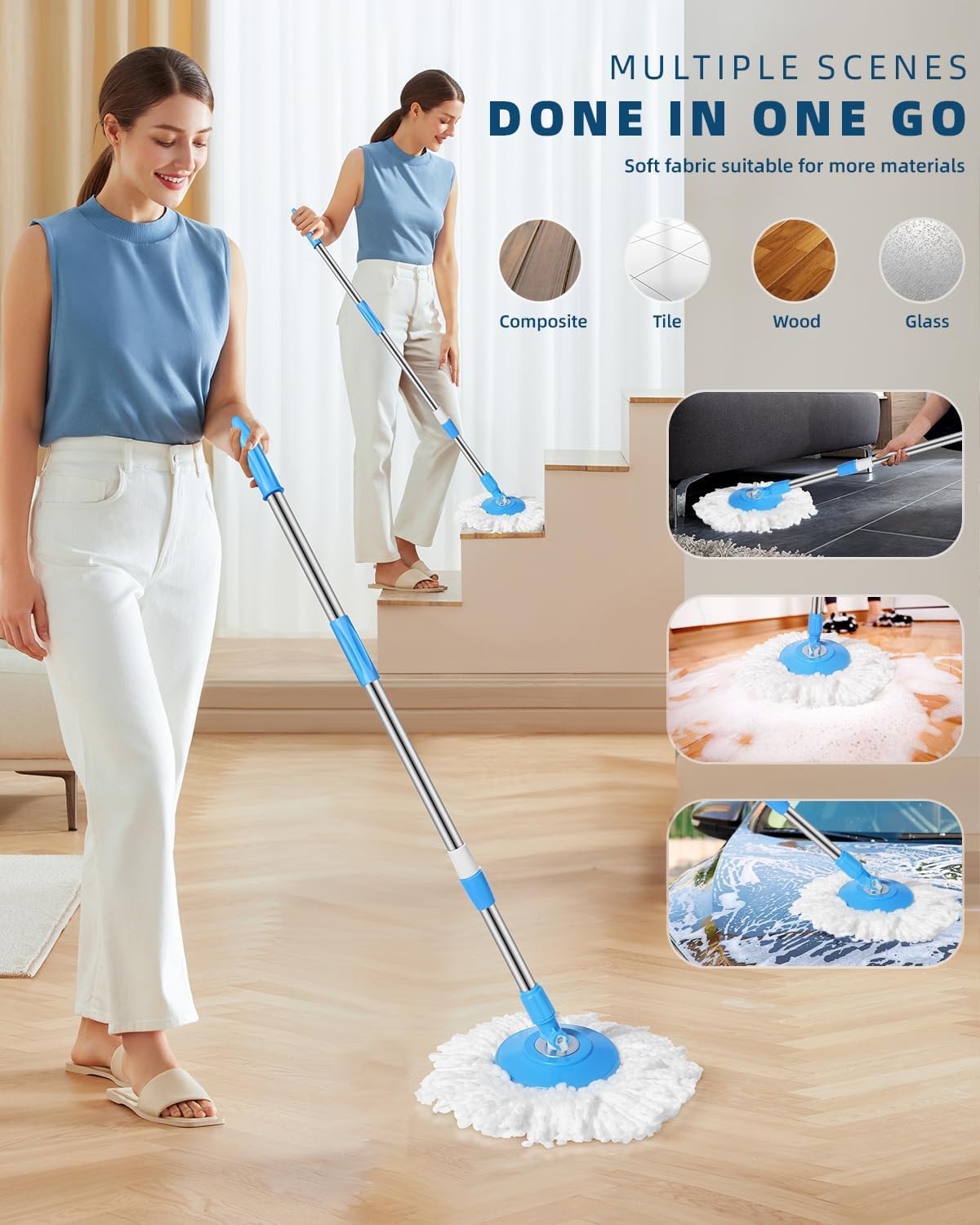MAPPERZ Stainless Steel Mop 360 Degree Rotating Pole Microfiber Floor Cleaning Round Mop Pochha Versatile Home Cleaning Tool with Adjustable Stick Rod (Pack of 1)