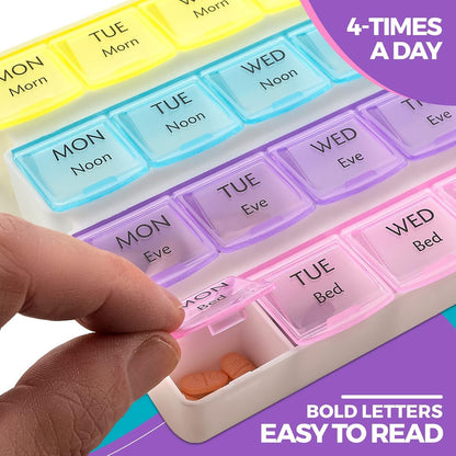 MAPPERZ 28 Days Medicine Organizer Box, Per Day 3 Time Reminder with 1 Time Backup Tablets Box Easy to Use Food Grade BPA Free, Travel and Home 28 Grid Pill Planner Box (Pack of 1)