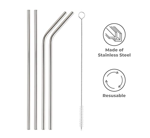 Mapperz Stainless Steel Straws for Drinking with Brushes Reusable Stainless Steel Straw with Cleaning Brush Long Metal Straws for Drinking Set of 10,4 Bend Pipe 4 Long Straw, 2-Cleaning Brush