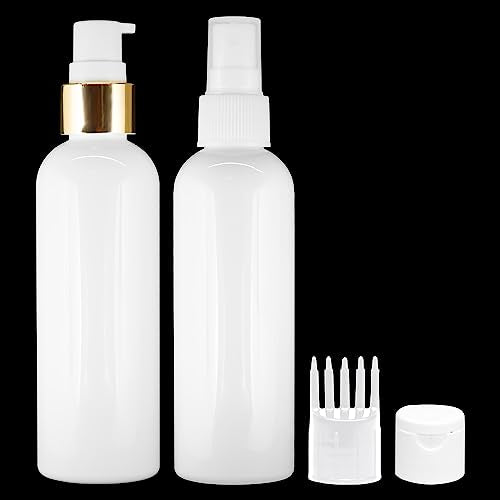 MAPPERZ 2 Cylindrical Shape Bottle Durable Refillable Containers With 1 Pump Bottles Dispenser, 1 Spray Atomizer, 1 Root Comb Applicator And Filp Top Cap Perfume, Liquids, Shampoo, Body Soap,White