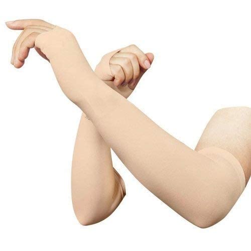 MAPPERZ Unisex Arm Sleeve Cream Color Fully Stretched Skinny Fit Sun Protection Sleeves Finger Cut Protection for Men and Women (Free Size) (Beige)