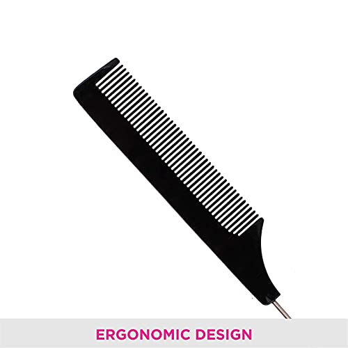 Mapperz Steel Tail Pin Comb Steel Pin Rat Tail Carbon Fiber Heat Resistant Teasing Comb with Stainless Steel Pintail (Black) Women and Girls