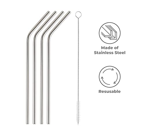 Mapperz Stainless Steel Straws for Drinking with Brushes/Reusable Stainless Steel Straw with Cleaning Brush- Long Metal Straws for Drinking, Set of 5 (4- Bend Pipe, 1-Cleaning Brush,Silver)