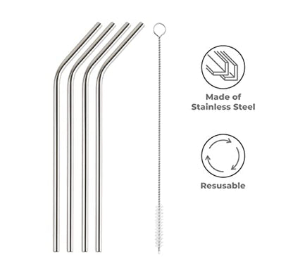Mapperz Stainless Steel Straws for Drinking with Brushes/Reusable Stainless Steel Straw with Cleaning Brush- Long Metal Straws for Drinking, Set of 5 (4- Bend Pipe, 1-Cleaning Brush,Silver)
