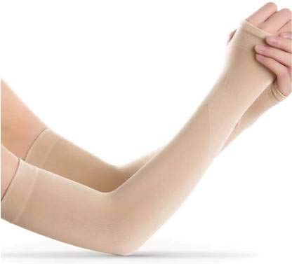MAPPERZ Unisex Arm Sleeve Cream Color Fully Stretched Skinny Fit Sun Protection Sleeves Finger Cut Protection for Men and Women (Free Size) (Beige)