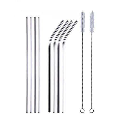Mapperz Stainless Steel Straws for Drinking with Brushes / Reusable Stainless Steel Straw with Cleaning Brush- Long Metal Straws For Drinking, Set Of 10 (4- Bend Pipe , 4- Long Straw, 2-cleaning Brush), Silver
