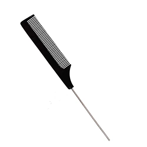 Mapperz Steel Tail Pin Comb Steel Pin Rat Tail Carbon Fiber Heat Resistant Teasing Comb with Stainless Steel Pintail (Black) Women and Girls