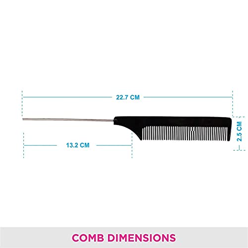 Mapperz Steel Tail Pin Comb Steel Pin Rat Tail Carbon Fiber Heat Resistant Teasing Comb with Stainless Steel Pintail (Black) Women and Girls