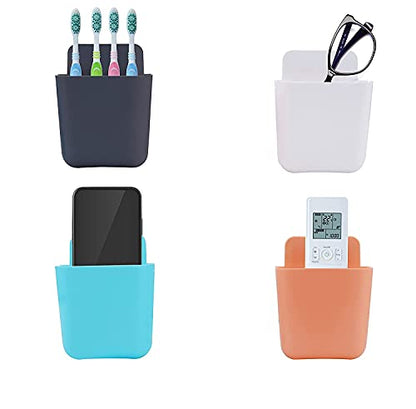 MAPPERZ Wall Stand Mobile Holder Mount Phone/Multi Purpose Plastic Storage Case Box Organiser for TV AC Remote Toothbrush Pen Charger Plug with Sticker (Mixed Colors Pack of 2)