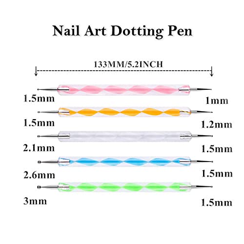 MAPPERZ 15 Pieces Nail Art Brush Set for Detailing, Striping, Blending, Nail Art, 3D-Gel Painting, 1 Set Dotting Pen For Fan and Liner, 5Pcs 2 Way Dotting Pen Tool Set Nail Art Tip, Multicolor