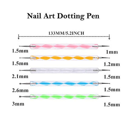 MAPPERZ 15 Pieces Nail Art Brush Set for Detailing, Striping, Blending, Nail Art, 3D-Gel Painting, 1 Set Dotting Pen For Fan and Liner, 5Pcs 2 Way Dotting Pen Tool Set Nail Art Tip, Multicolor