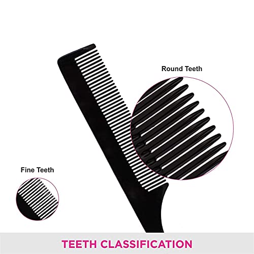 Mapperz Steel Tail Pin Comb Steel Pin Rat Tail Carbon Fiber Heat Resistant Teasing Comb with Stainless Steel Pintail (Black) Women and Girls