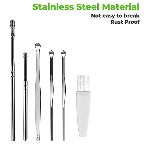 MAPPERZ ear cleaning tool/ear wax cleaner/Ear Scoop Picking Tool Stainless Steel / 6 Piece Ear Cleaner Tool/Ear Curette Safety Cleaner with Brush and Storage Box - Set of 6 (Silver)