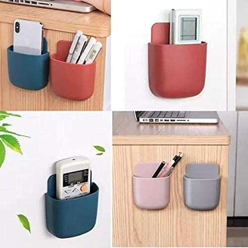 MAPPERZ Wall Stand Mobile Holder Mount Phone/Multi Purpose Plastic Storage Case Box Organiser for TV AC Remote Toothbrush Pen Charger Plug with Sticker - Pack of 1, Multicolor