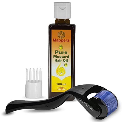 MAPPERZ derma roller 0.5mm for hair regrowth, needle roller hair growth with 540 Titanium micro needles for Scalp, Face & Beardm, 100% Pure Mustard Hair Oil for Hair Growth & Reduces Hair Fall, 100ml