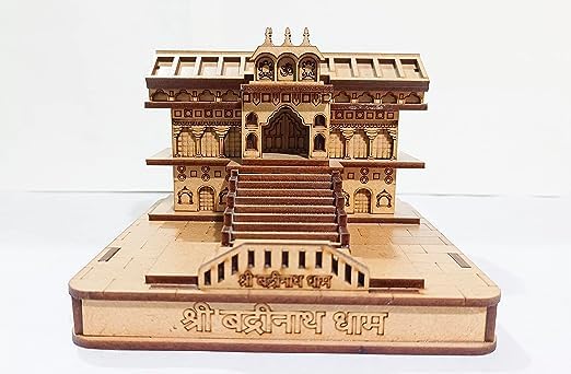MAPPERZ Wood 3D Badrinath Temple The Place of Peace in Wood Miniature Small | Hand Crafted Wooden Shri Badrinath Temple for Gifting, ShowPiece, Temple, Car Dashboard (Beige)