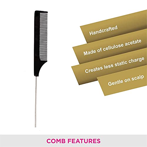 Mapperz Steel Tail Pin Comb Steel Pin Rat Tail Carbon Fiber Heat Resistant Teasing Comb with Stainless Steel Pintail (Black) Women and Girls
