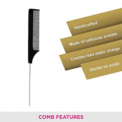 Mapperz Steel Tail Pin Comb Steel Pin Rat Tail Carbon Fiber Heat Resistant Teasing Comb with Stainless Steel Pintail (Black) Women and Girls