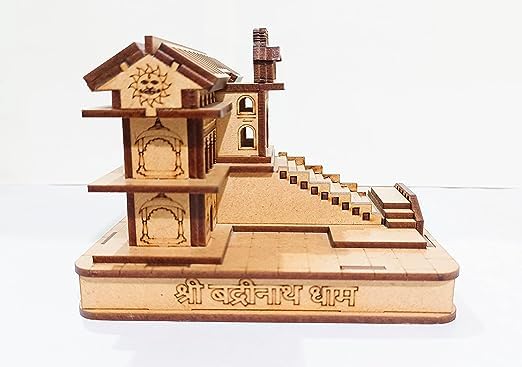 MAPPERZ Wood 3D Badrinath Temple The Place of Peace in Wood Miniature Small | Hand Crafted Wooden Shri Badrinath Temple for Gifting, ShowPiece, Temple, Car Dashboard (Beige)