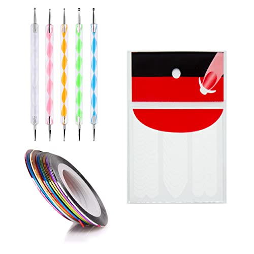 MAPPERZ 10 Rolls Self Adhesive Nail Striping Tape Line, 10 Sheets Of Manicure Tip Guide Nail Art Stickers Of Random Design, 5 pc 2 Way Dotting Pen Tool Nail Art Tip Dot Paint Manicure kit For Nail Art