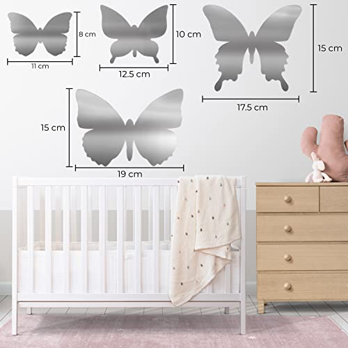 MAPPERZ Butterfly Mirror Wall Stickers, Removable Acrylic Mirror, Silver Self Adhesive Mural Stickers Decal for Home, Room, Living Room, Bedroom, Dining Room Decoration, Pack of 4 Butterflies